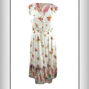 Lucky Brand ivory feline floral print maxi dress button down sz L